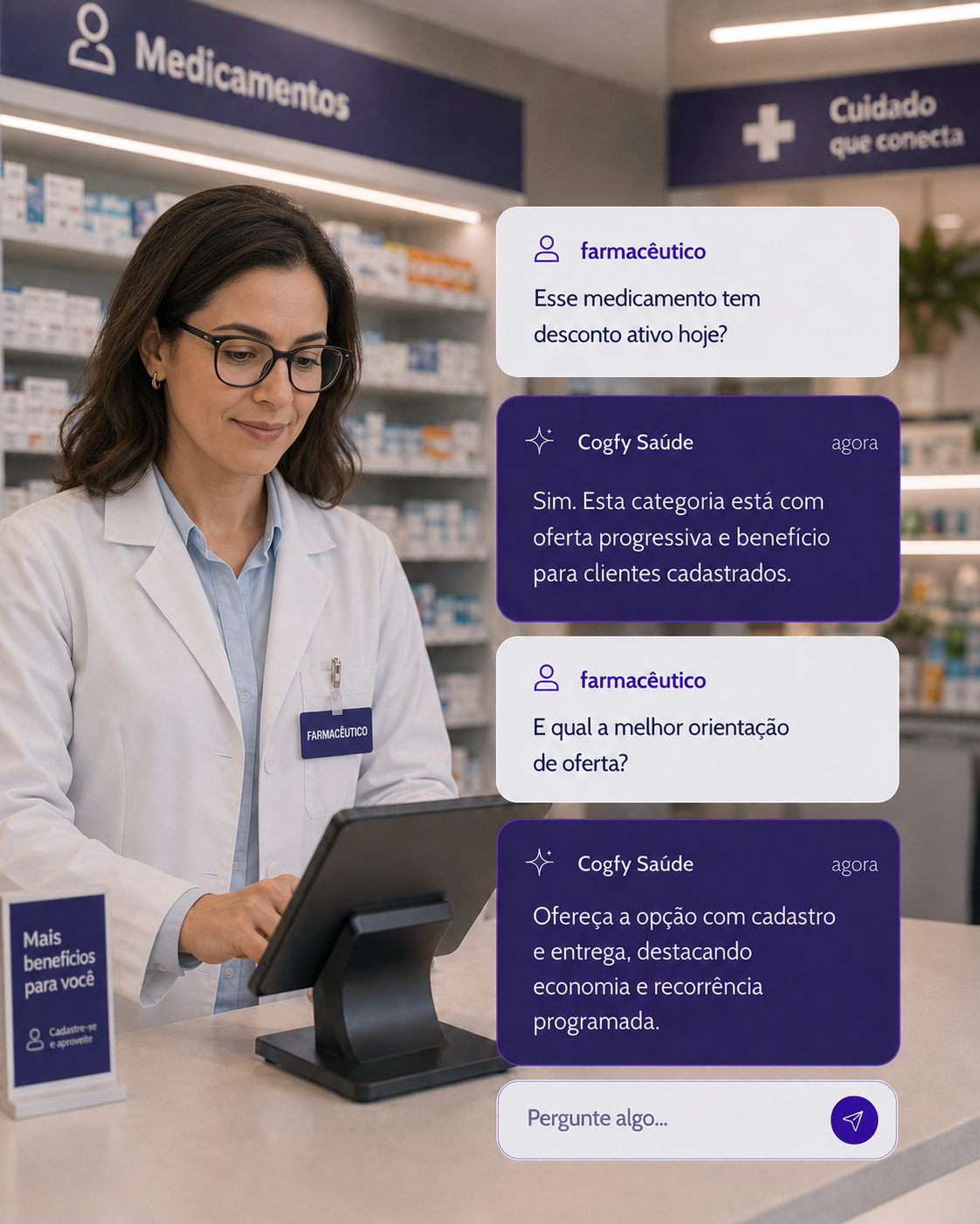 Cliente consultando produtos e serviços de farmácia com apoio do agente Cogfy Saúde